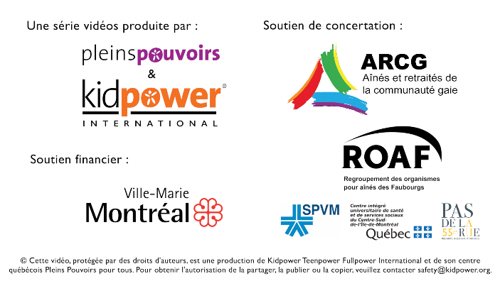 Miniature des organismes partenaires du projet vidéo. Production par Pleins Pouvoirs pour tous, soutien financier de Ville de Montréal, Arrondissement Ville-Marie, soutien de concertation de l'ARCG et le ROAF.